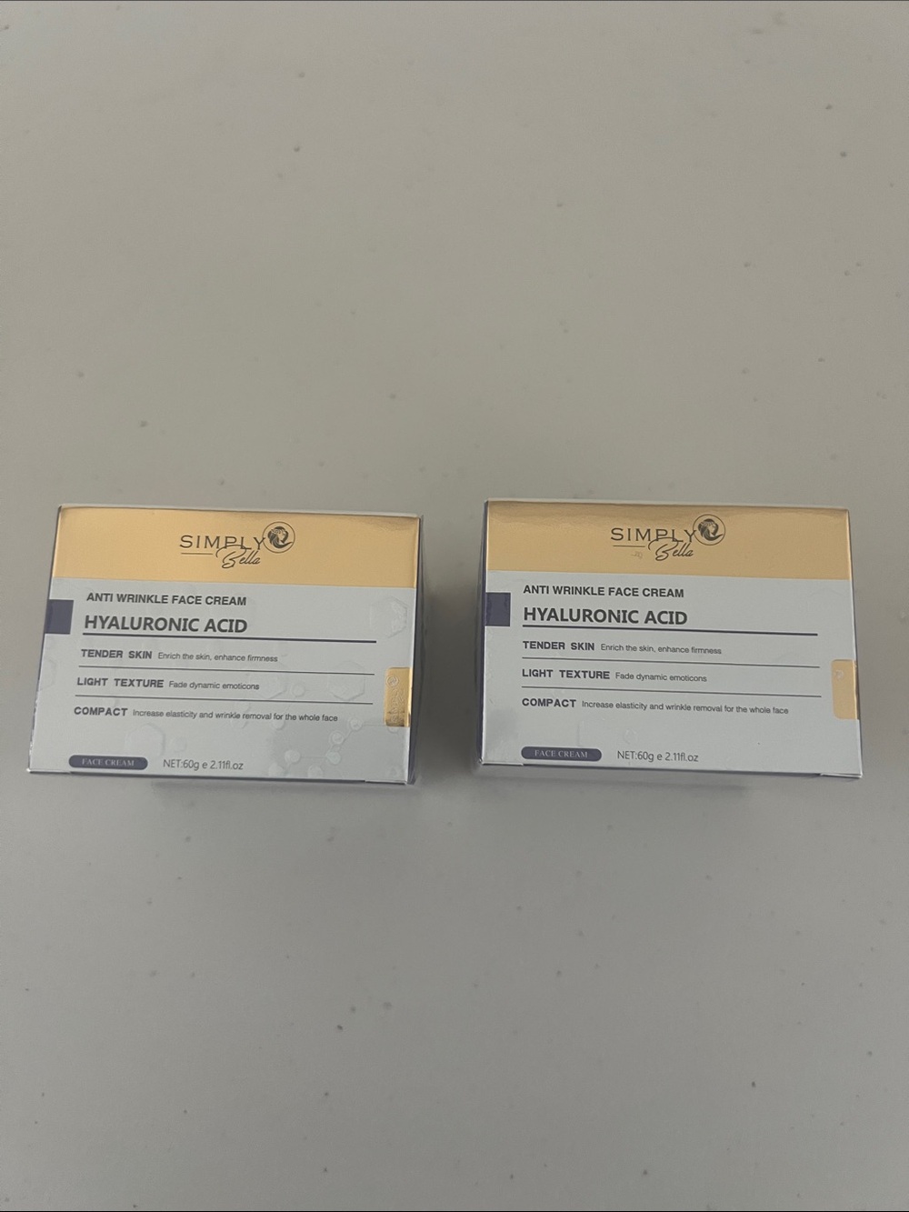 Pack of 2.  Simply Belle Hyaluronic Acid Face Cream - Gold & White Packaging